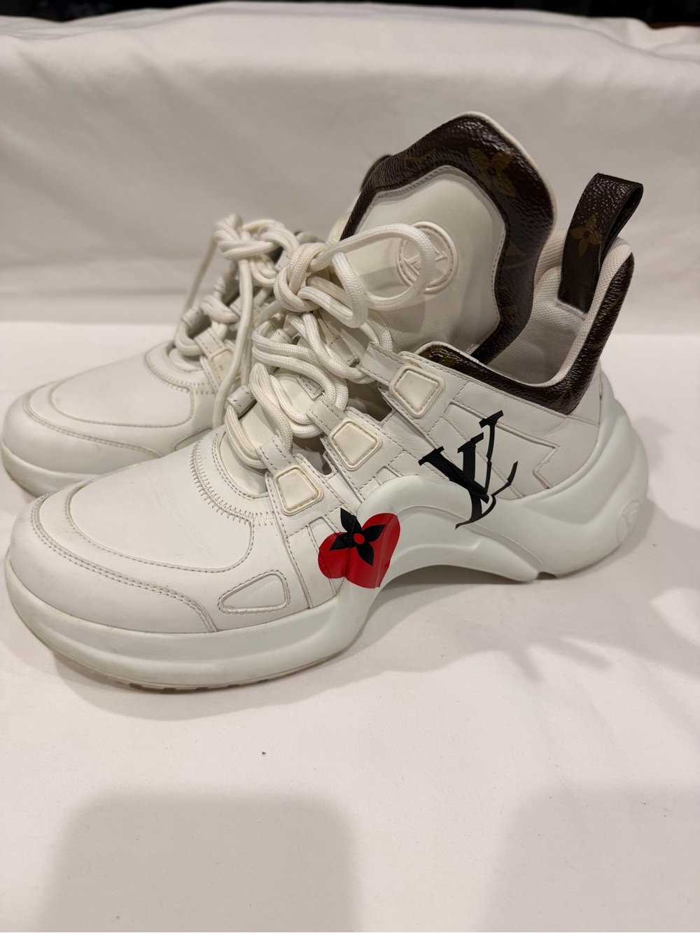 Louis Vuitton White Sneakers with Red Heart and Brown Monogram Collar